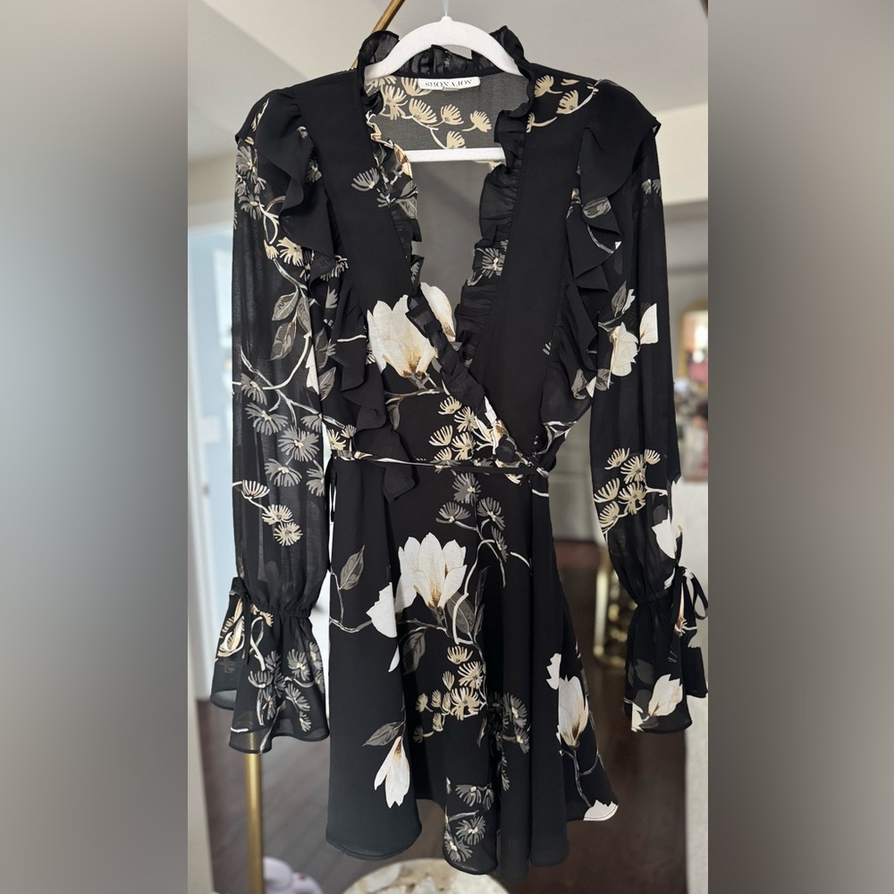 Shona Joy Blue Floral Fit and Flare Dress with Long Bell Sleeves
